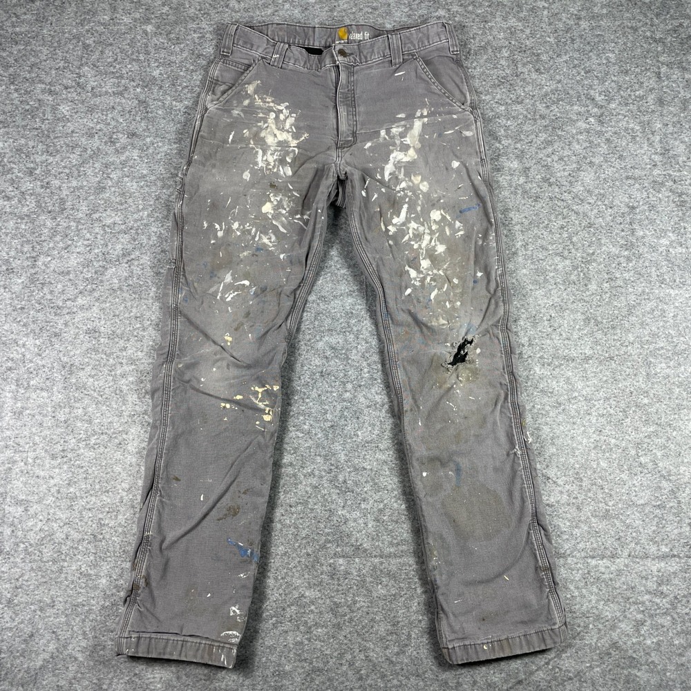 Carhartt Work Pants Mens 36x34 (Fits 33x31) Grey Splatter Relaxed Flannel Lined